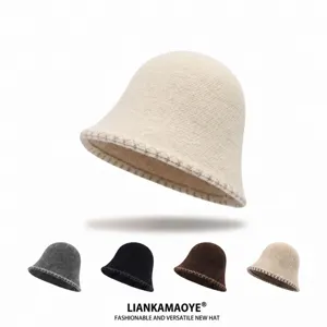 Γυναικείο Χειμερινό Ζεστό Πλεκτό Καπέλο Bucket από Πολυεστέρα Με Ραφή Αντίθεσης Φαρδύ Γείσο Μονόχρωμο Πτυσσόμενο Καπέλο