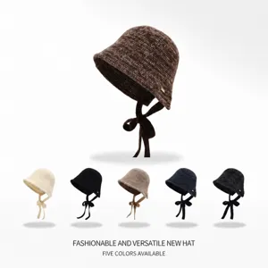 Women Minimalist Polyester Knit Bucket Hat Warm Windproof Lace-Up Solid Color Short Brim Round Top Autumn Winter Versatile Bonnet