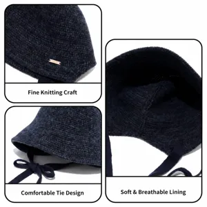 Knitted wool bucket hat with ties for women autumn winter warm stylish comfortable hat