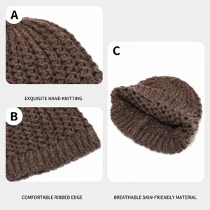 Bonnet tricoté ajouré marron pour femme, chapeau souple texturé respirant vintage.