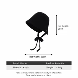 Korean style autumn winter tied black bucket hat, versatile wool basin hat for large head.