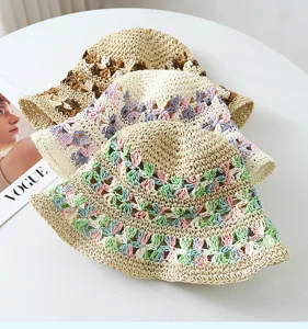 Vista detallada sombrero de cubo de ganchillo, diseño de patrón floral calado, sombrero de sol.