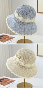 Summer hollow-out woven straw hat for women, elegant wide brim bucket hat for beach sun protection.
