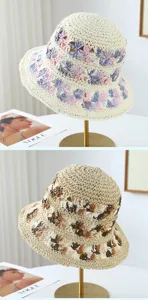 Sombrero de paja de ganchillo hecho a mano con motivo floral, sombrero de sol de playa plegable.