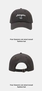 Detail view of dark grey baseball cap showing front embroidery and back adjustable metal buckle.
