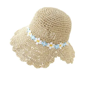 Cappello di Paglia di Carta da Donna Intrecciato a Mano con Margherita Fiore Estivo Tesa Larga Traspirante Pieghevole Parasole da Spiaggia