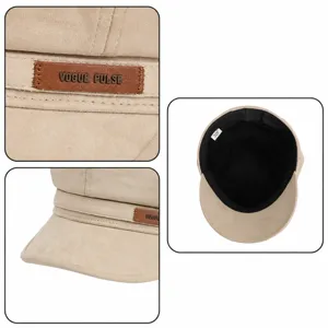 Beige suede baker boy hat for women, stylish wide-brim painter cap with leather label.