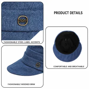 Elegante berretto equestre in denim da donna, design plissettato retrò con stemma in metallo.