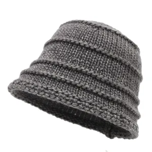 Dark gray knitted bucket hat with horizontal pleats, stylish textured winter basin cap.