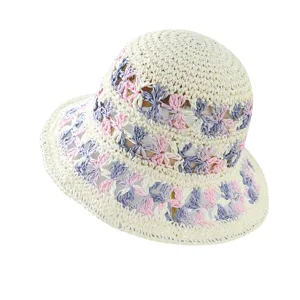 Sombrero de Pescador de Paja de Papel para Mujer Diseño Floral Ganchillo Sombrero de Sol Plegable para Playa Vacaciones