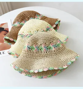 Summer floral woven straw hat for women beach vacation fisherman sun hat wide brim sun protection