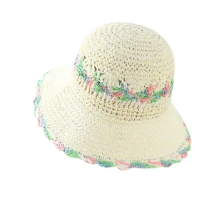 Pastoral Style Flower Woven Straw Hat For Women Summer Beach Vacation Foldable Wide Brim Sun Hat Breathable Paper Straw Fisherman Hat