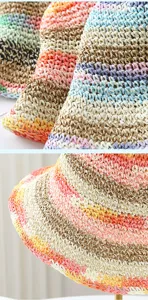 Detailed view of Korean style rainbow woven hollow straw hat, perfect summer beach sun protection.