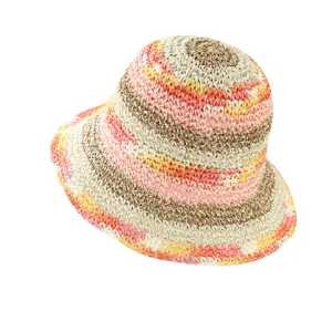 Women Rainbow Woven Paper Straw Sun Hat Summer Wide Brim Foldable Beach Vacation Fisherman Hat Hollow Breathable Bucket Hat