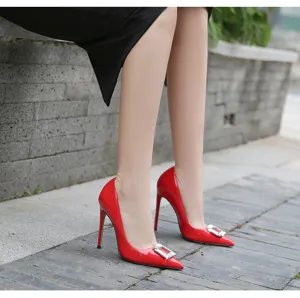 Red patent leather pointed toe high heels with crystal square buckles, sexy stiletto pumps.
