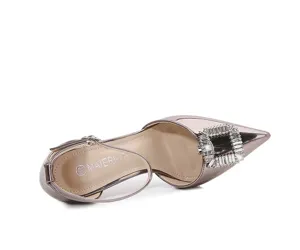Zapatos de tacón de aguja con hebilla de estrás, elegantes zapatos metalizados con tira al tobillo.