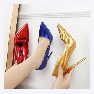 Glossy pointed-toe stiletto high heels in vibrant metallic colors, sexy party dress shoes.
