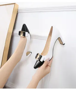 French vintage black and white color block high heels stylish pointed block heel pumps