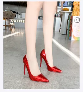 Sexy red patent leather stiletto high heels for women, pointed toe party dress shoes.