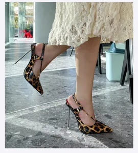 Sexy women leopard print pointed toe slingback high heels metallic stiletto party shoes