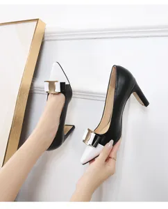 Chic french vintage women block heel pumps, black white colorblock low cut high heels shoes.