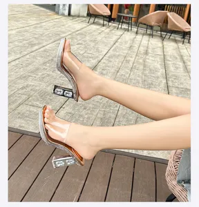 Chunky high heel sandals detail showing transparent strap and rhinestone encrusted block heel.