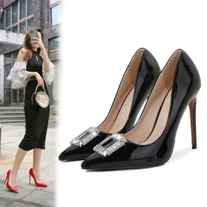 Women Pointed Toe High Heels Sexy Stiletto Slip-on Pumps With Rhinestone Square Buckle Fashion Party Shoes