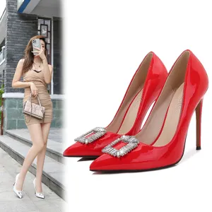 Red patent leather pointed toe high heels with luxury crystal square buckle stiletto pumps.