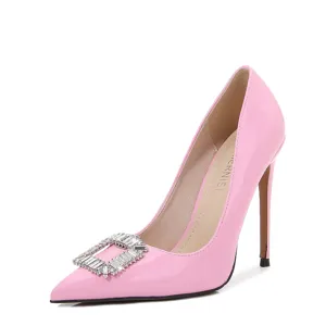 Pink patent leather stiletto high heels with crystal square buckle elegant pumps shoes for women