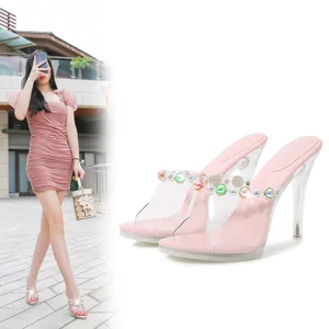 Clear strap high heels with colorful rhinestones, 10cm stiletto crystal heel sandals.