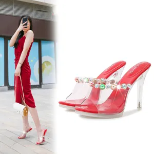 Clear high heel sandals with colorful rhinestones and 10cm stiletto heel for women evening party.