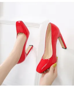 Red patent leather square toe block heel pumps for women, stylish wedding work shoes.