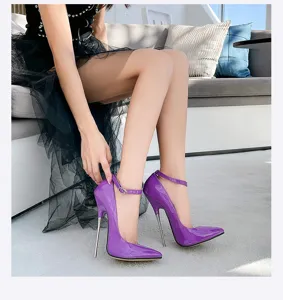 European style 16cm metal steel heel stiletto high heels, gorgeous shiny purple patent leather.