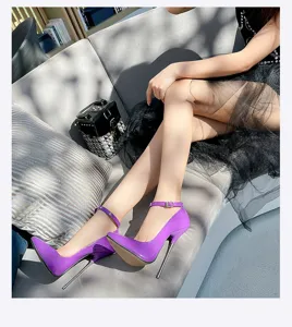 Purple patent leather stiletto high heels with 16cm metal heel and ankle strap for women