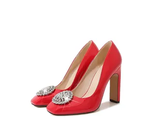 Red Patent Leather Square Toe High Heels With Elegant Rhinestone Buckle Party Shoes