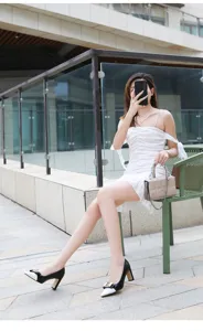 French retro block heel women pumps, chic black and white color block Mary Jane dress shoes.