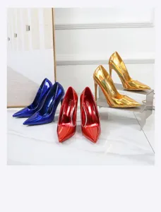 Glossy patent leather stiletto high heels with pointed toe design, perfect for party and club wear.