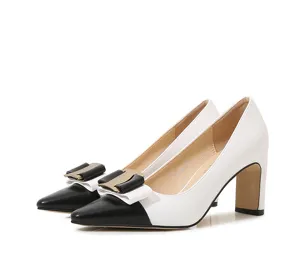 Elegant women high heels black white block heel pumps retro pointed toe dress shoes for ladies
