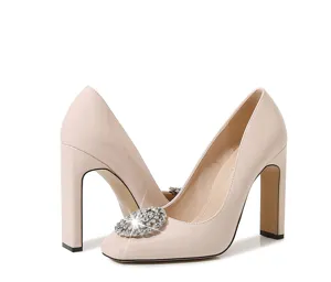 Elegant square toe high heels for women with sparkling rhinestone buckle, fashion party pumps.