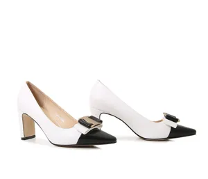 French retro women thick heel pumps detail view, elegant black and white color high heels.
