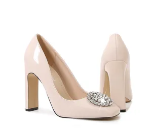 Beige patent leather square toe high heels with sparkling rhinestone buckle for women fashion.