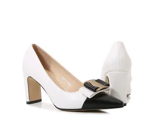 French vintage women's chunky high heels contrast color pointed toe bow dress pumps
