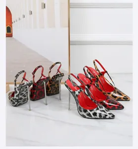 Sexy leopard print pointed toe slingback high heels with metal stiletto heel and red insole.
