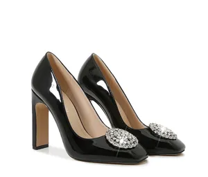 Elegant black patent leather high heels with dazzling crystal rhinestone buckles for women.