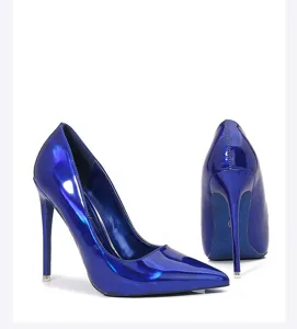 Stunning women blue patent leather pointed toe stiletto high heels party sexy shoes