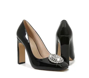 Black patent leather chunky high heels with dazzling crystal rhinestone buckle for women.