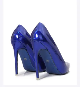 Glossy blue patent leather pointed toe stiletto high heels, sexy nightclub party footwear detail.