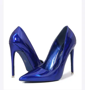 Glossy blue pointed toe stiletto high heels, elegant sexy party evening dress shoes for women.