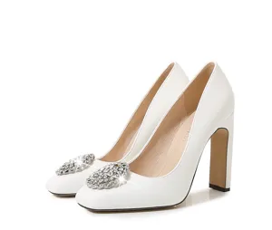 White square toe high heel pumps with sparkling rhinestone buckle for women bridal wedding shoes