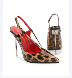 Sexy leopard print slingback high heels with metal stiletto heels and red lining detail.